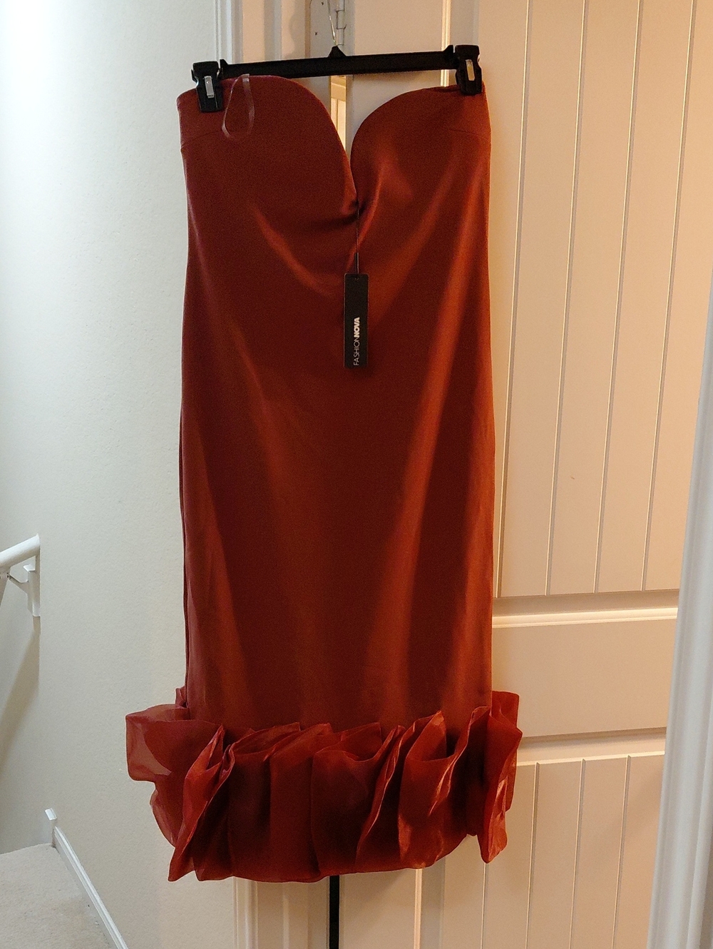 Strapless Rust Ruffle Hem Dress -
